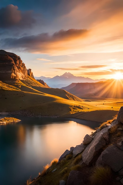 Un paisaje de montaña con un atardecer de fondo