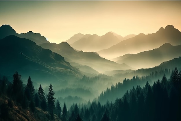Un paisaje de montaña con un bosque y una puesta de sol.