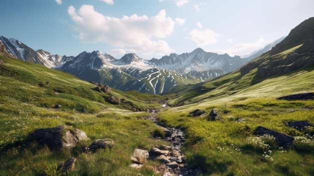 Un paisaje de montaña con un camino que conduce a él