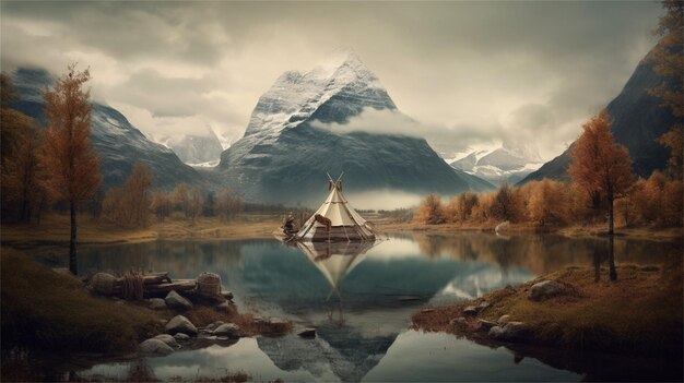 Paisaje de montaña con carpa en medio del lago.