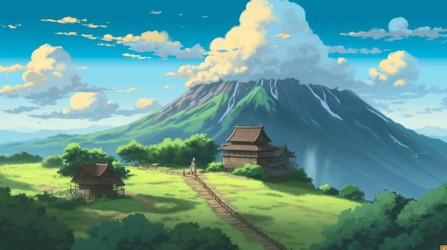 Un paisaje con una montaña y casas al fondo.
