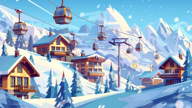 Paisaje de montaña con casas o chalets y funicular Asentamiento de estación de esquí con teleférico y picos nevados Vacaciones de invierno Cabañas de vacaciones Ilustración moderna de dibujos animados