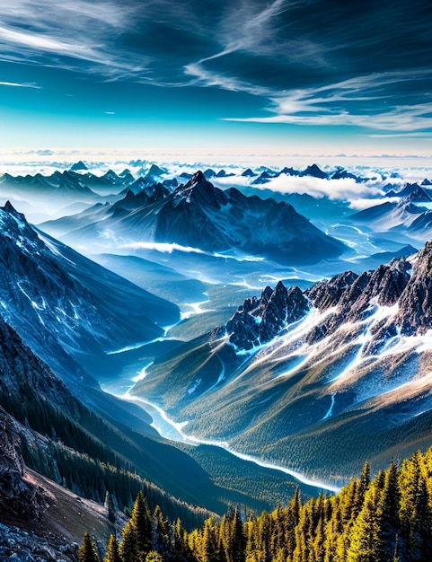 Un paisaje de montaña con un cielo azul y nubes.