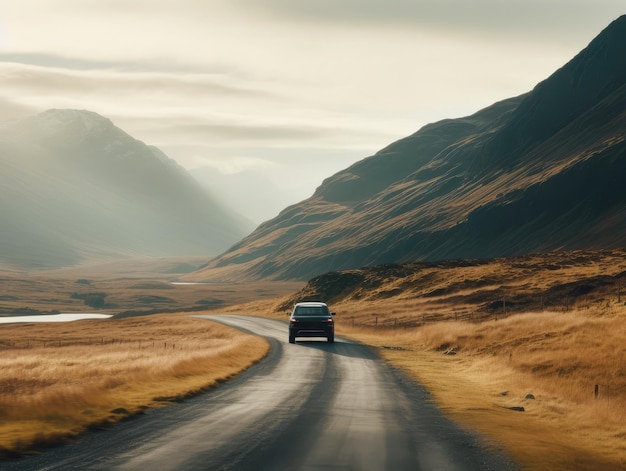 Un paisaje de montaña con un coche bajando por la roa generative ai 5