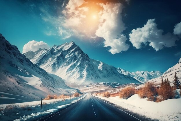 Paisaje de montaña cubierto de nieve con carretera