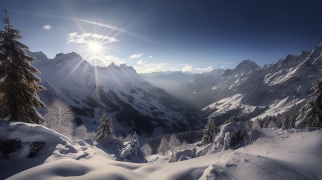 Un paisaje de montaña cubierto de nieve con el sol brillando sobre él.