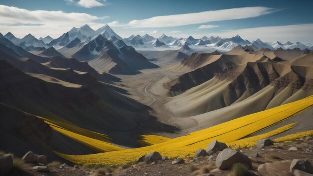 Paisaje de montaña con flores amarillas generativo ai