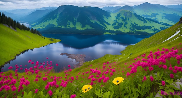 Un paisaje de montaña con flores y un lago en primer plano