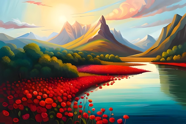 Paisaje de montaña con flores rojas y lago al atardecer ilustración de naturaleza abstracta