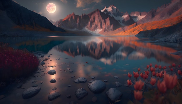 paisaje de montaña glaciar con flores y lago en una hermosa puesta de sol con luna llena