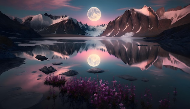 paisaje de montaña glaciar con flores y lago en una hermosa puesta de sol con luna llena
