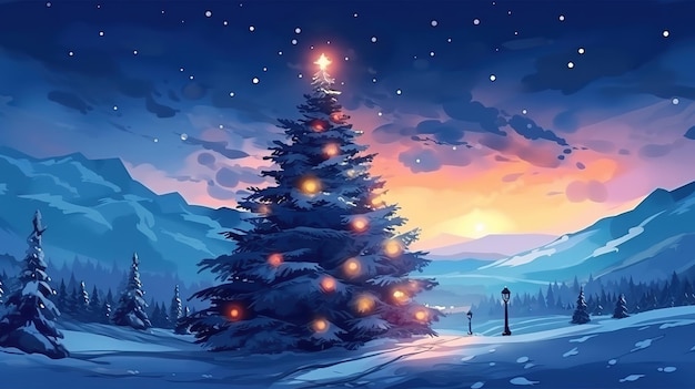 Paisaje de montaña de invierno Hermoso árbol de Navidad decorado luces Generativo ai