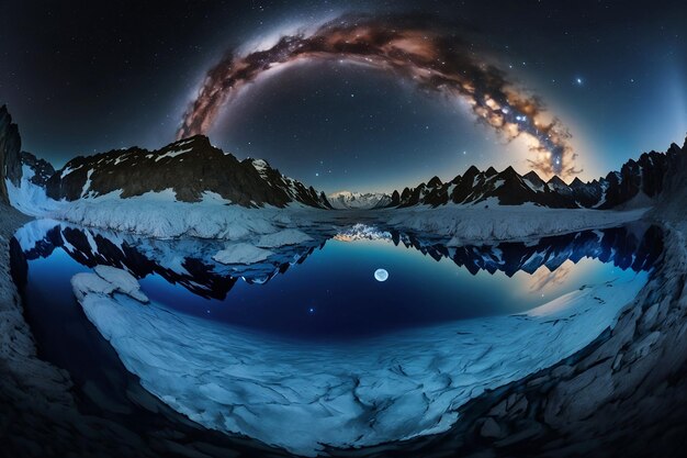 Paisaje de montaña con lago de hielo en la noche