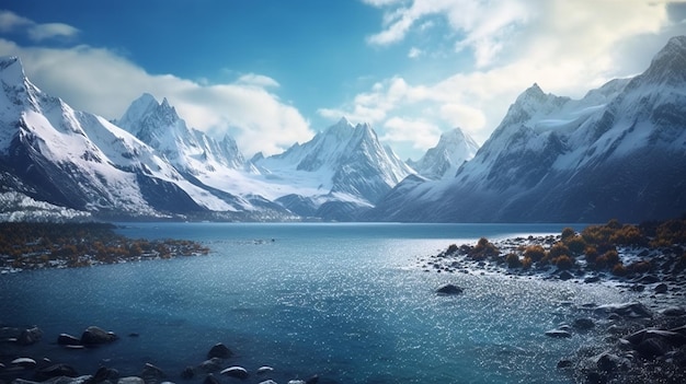 Un paisaje de montaña con un lago y montañas al fondo.