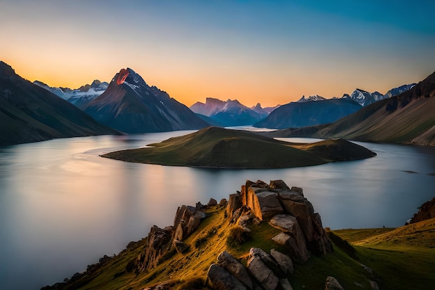 Un paisaje de montaña con un lago y montañas al fondo.