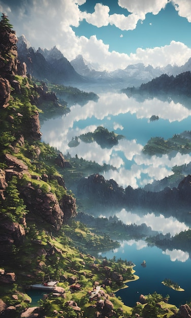 Un paisaje de montaña con un lago y nubes.