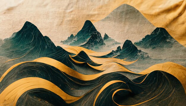 Paisaje de montaña minimalista con pincel de acuarela en papel tapiz de estilo tradicional japonés con arte abstracto para impresiones o portadas de obras de arte en 3d