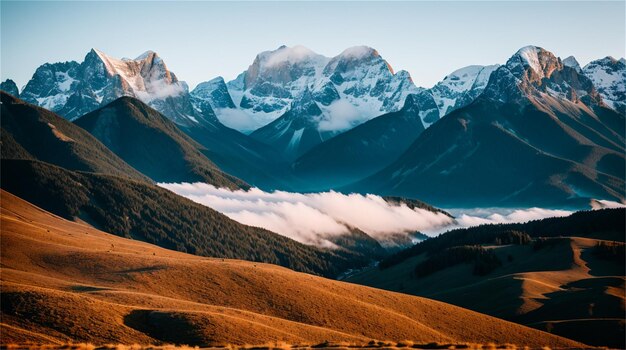 Un paisaje de montaña con una montaña al fondo.