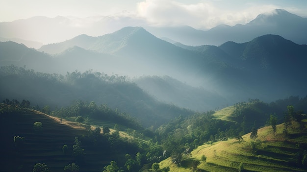 Un paisaje de montaña con montañas y árboles al fondo.