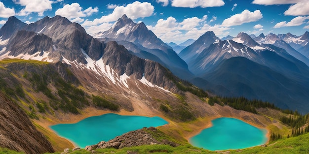 Un paisaje de montaña con montañas y un lago en primer plano.