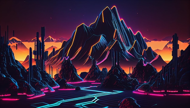 Foto paisaje de montaña de neón cyberpunk vintage abstracto