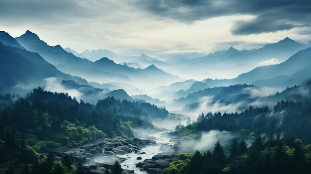 paisaje de montaña con niebla y nubes