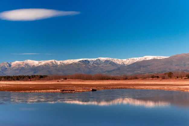 Paisaje de montaña con nieve en los picos reflejados en el agua de un lago