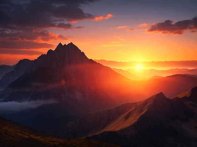 Paisaje de montaña en la noche siluetas de montaña azul claro en puesta de sol rosa y puesta de sol roja