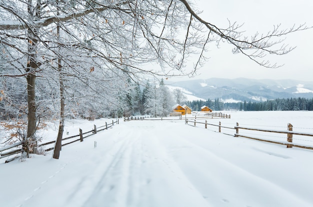 Paisaje de montaña de país aburrido de invierno con valla y bosque de abetos