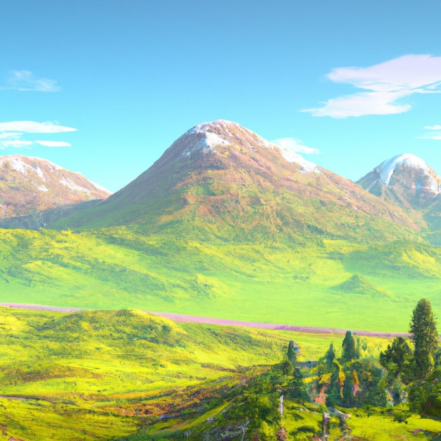 Foto paisaje de montaña con paisaje verde y hermoso cielo, arte digital.