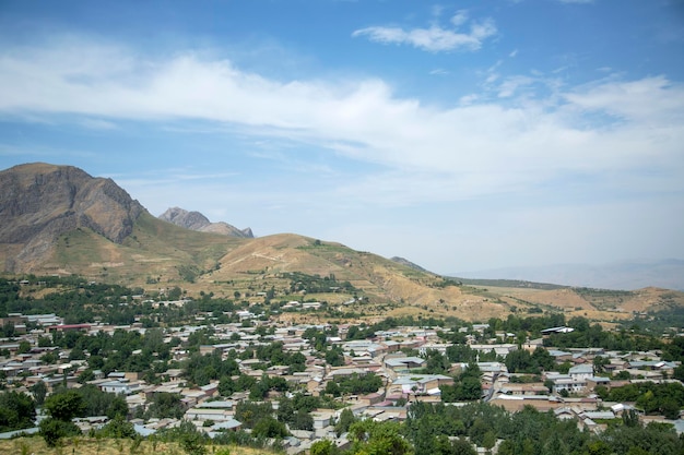 Paisaje de montaña y pequeño pueblo.