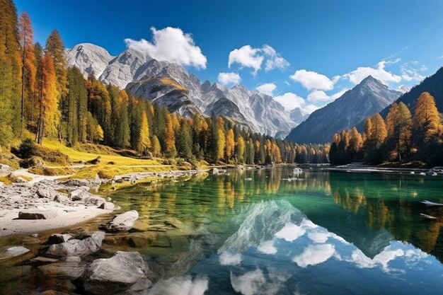 Paisaje de montaña de primavera con un lago bajo los rayos del sol la belleza de la naturaleza