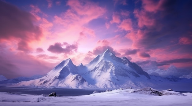 un paisaje de montaña con una puesta de sol al fondo