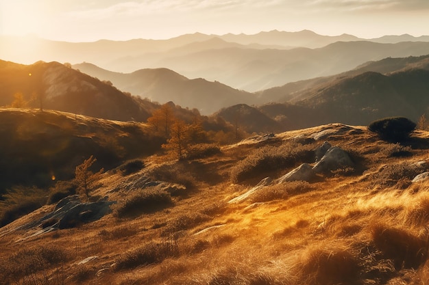 paisaje de montaña con puesta de sol de fondo