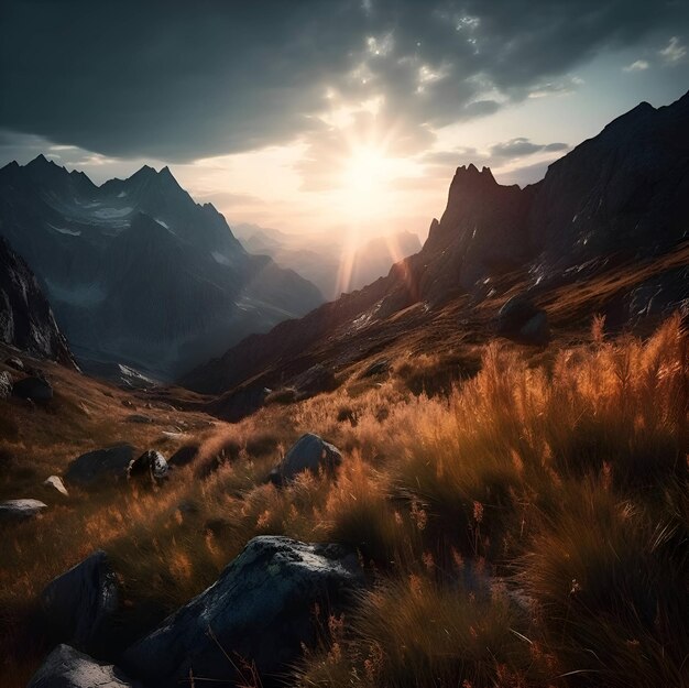 Paisaje de montaña puesta de sol en las montañas renderizado en 3D