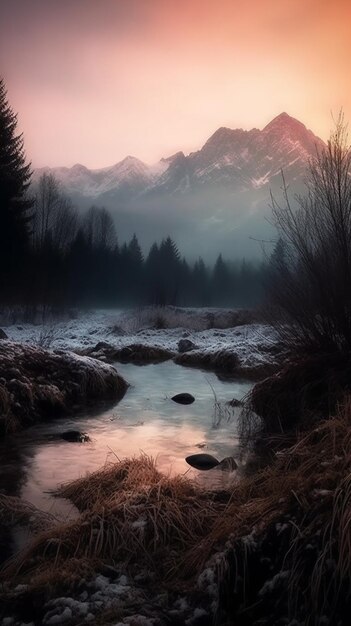 Un paisaje de montaña con una puesta de sol y un río.