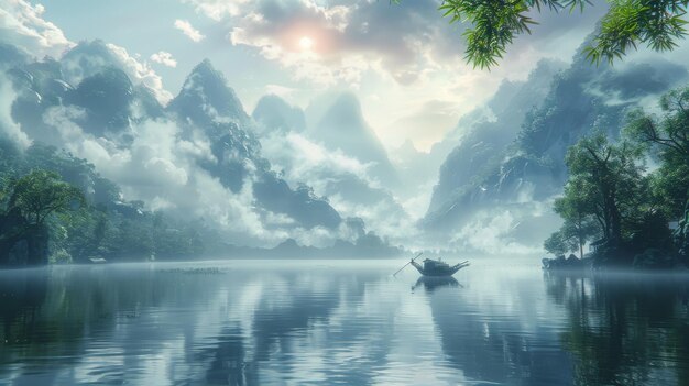 Paisaje de la montaña y el río chinos telón de fondo ficticio ilustración realista videojuego interactivo paisaje natural arte conceptual
