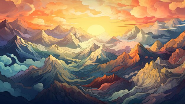 Paisaje de montaña con río y puesta de sol Ilustración vectorial