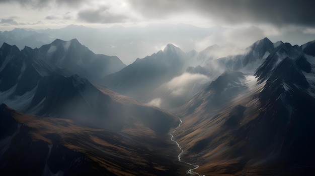 Un paisaje de montaña con un río que lo atraviesa.