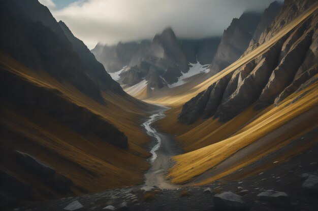 Paisaje de montaña con un río en el valle generativo ai