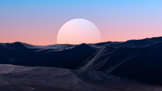 Paisaje de una montaña rocosa y un planeta en el horizonte Paisaje de montaña en renderización 3D retro
