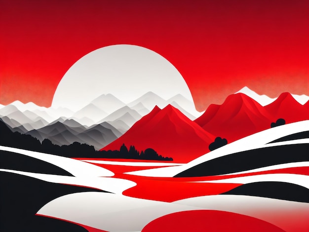 Un paisaje de montaña roja con montañas y un sol blanco en el horizonte.
