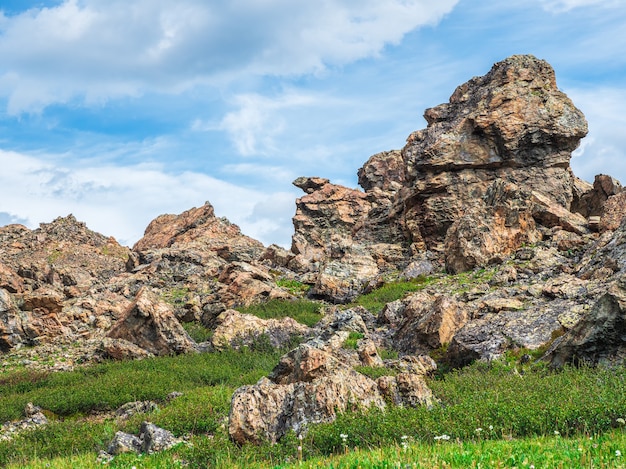 Paisaje de montaña soleada con grandes piedras de forma inusual. Impresionante paisaje de montaña escénica con grandes piedras agrietadas closeup entre hierba bajo un cielo azul en la luz del sol.