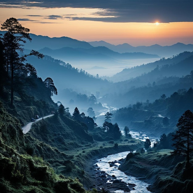 Paisaje de la montaña de la tranquilidad del crepúsculo Foto