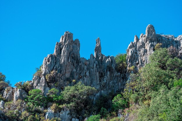 Paisaje de montaña tropical: vegetación tupida entre acantilados de piedra caliza blanca