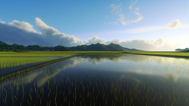 Un paisaje con montañas al fondo y un lago en primer plano.