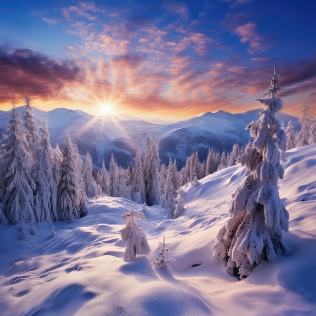 Paisaje de montañas alpinas con nieve blanca y cielo azul Ocaso del sol invierno en la naturaleza Árboles helados bajo la cálida luz del sol Generativo ai