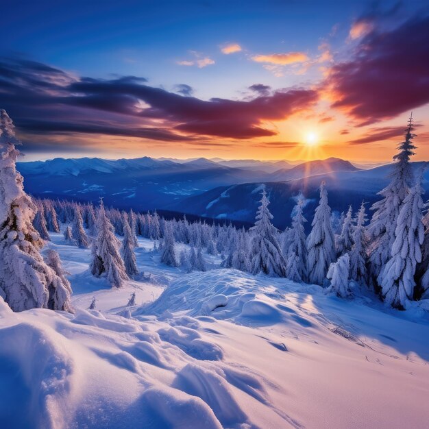 Paisaje de montañas alpinas con nieve blanca y cielo azul Ocaso del sol invierno en la naturaleza Árboles helados bajo la cálida luz del sol Generativo ai