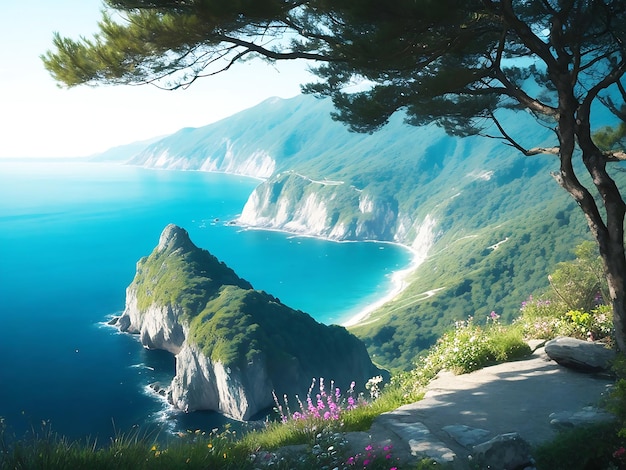 Un paisaje con montañas, árboles y agua.