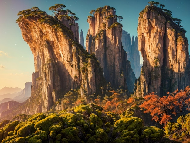 Un paisaje con montañas y árboles al fondo.